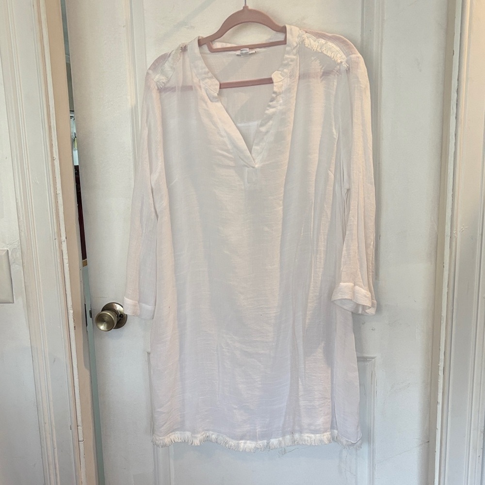 LuLaRoe white Tunic with Fringe Detail- beach cover up/layering piece